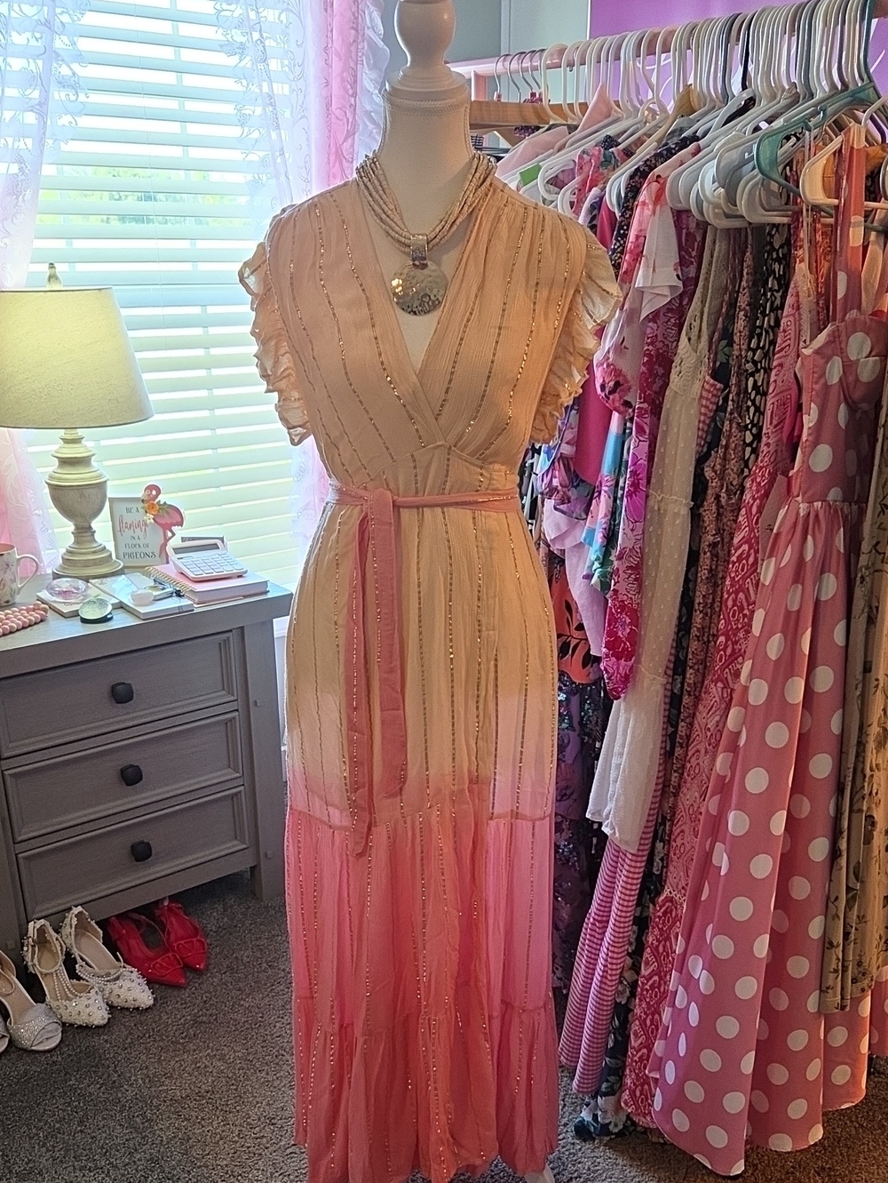 Ombre Pink & Cream Ruffle Wrap Maxi Dress with Waist Tie and Gold Detailing